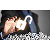 Female hand taking glowing lock with fingers