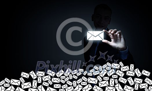 Close view of businessman taking email sign with fingers Close view of businessman taking email sign with fingers