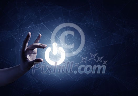 Hand of man taking with fingers digital power icon Hand of man taking with fingers digital power icon
