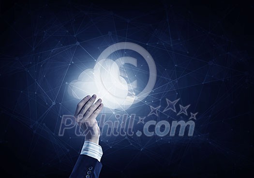 Businessman hand showing cloud network idea concept Businessman hand showing cloud network idea concept