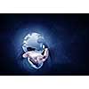 Man hand holding digital Earth planet representing global technologies concept