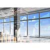 Modern office window view with virtual market infographs