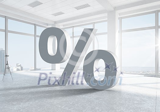 Bright modern interior with big percentage sign Bright modern interior with big percentage sign
