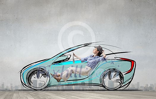 Young humorous woman driving drawn funny car Young humorous woman driving drawn funny car