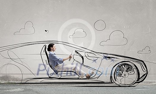 Young humorous woman driving drawn funny car