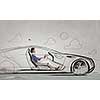 Young humorous woman driving drawn funny car