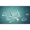 Young funny woman flying in air in drawn airplane