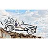 Young humorous woman driving drawn funny car