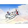 Young funny woman flying in air in drawn airplane