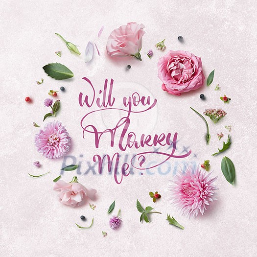 greeting card with flowers frame and the words calligraphy Merry me