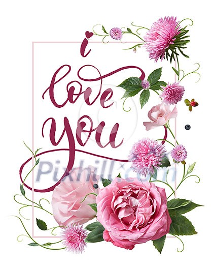 Present card with I love you slogan over white background. Valentine's card decorated with pink roses and flowers. Valentine's concept. Present card with I love you slogan over white background. Valentine's card decorated with pink roses and flowers. Valentine's concept.