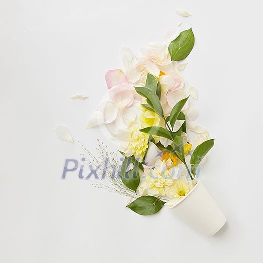 Top view of bouquet of flowers represented in pot isolated on white background. Blank space may be used for noting your ideas, emotions, etc. Top view of bouquet of flowers represented in pot isolated on white background. Blank space may be used for noting your ideas, emotions, etc.