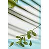Vertical frame on a blue background decorated with leaves in the corners. Thin stripes of leaves superimposed on the background flat lay