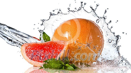 Water splash on grapefruit with mint isolated on white. Header for website Water splash on grapefruit with mint isolated on white. Header for website