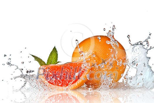 Water splash on grapefruit with mint isolated on white Water splash on grapefruit with mint isolated on white