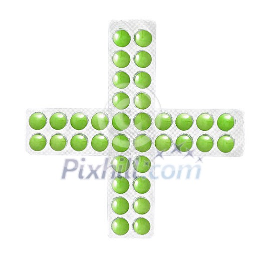 cross from packs of green tablets isolated on white cross from packs of green tablets isolated on white