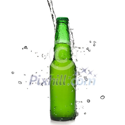 Green beer bottle with water splash isolated on white Green beer bottle with water splash isolated on white