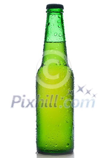 Green beer bottle with water drops isolated on white Green beer bottle with water drops isolated on white