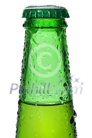 Green beer bottle with water drops isolated on white Green beer bottle with water drops isolated on white