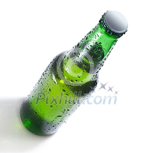 Green beer bottle with water drops isolated on white Green beer bottle with water drops isolated on white