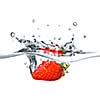 Fresh strawberry dropped into blue water with splash isolated on white