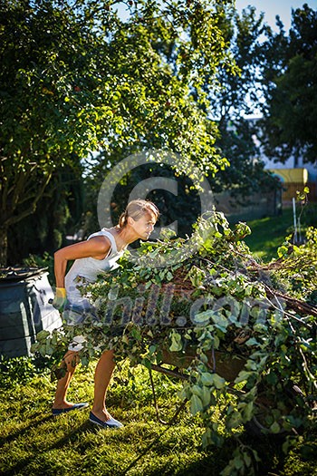 Pretty, young woman gardening in her garden, cutting branches, preparing the orchard for the winter Pretty, young woman gardening in her garden, cutting branches, preparing the orchard for the winter