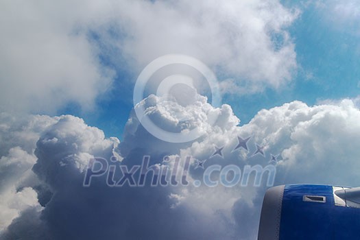 side airplane engine captured while airplane flying over the sky side airplane engine captured while airplane flying over the sky