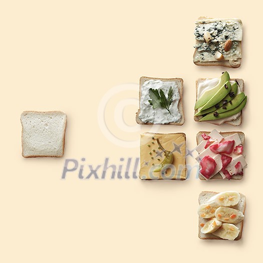 many different sandwiches with a variety of healthy ingredients on a light background , copy space flat lay many different sandwiches with a variety of healthy ingredients on a light background , copy space flat lay