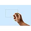 on a blue background a man's hand holds a transparent glass v