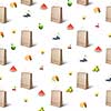 pattern of paper bags and various fruits and berries on a white background