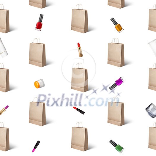 pattern from female cosmetics lipstick , nail polish, cream and paper bags on a beige background pattern from female cosmetics lipstick , nail polish, cream and paper bags on a beige background