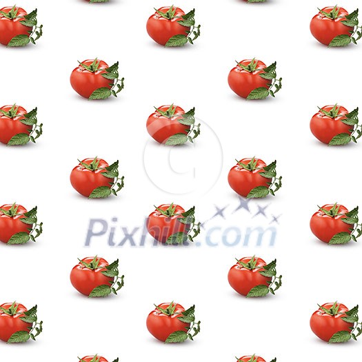 pattern of ripe tomatoes with green leaves on a white background pattern of ripe tomatoes with green leaves on a white background