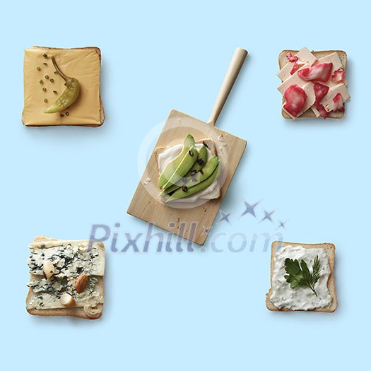 different sandwiches with different ingredients. one sandwich on a wooden kitchen board on a blue background flat lay different sandwiches with different ingredients. one sandwich on a wooden kitchen board on a blue background flat lay