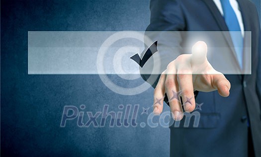 Close up of businessman hand touching icon with finger Close up of businessman hand touching icon with finger