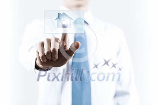 Close up of hand touching icon with finger Close up of hand touching icon with finger