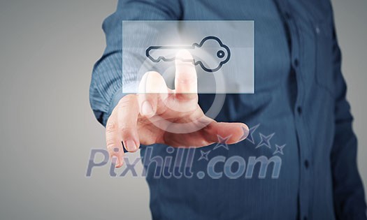 Close up of hand touching icon with finger Close up of hand touching icon with finger