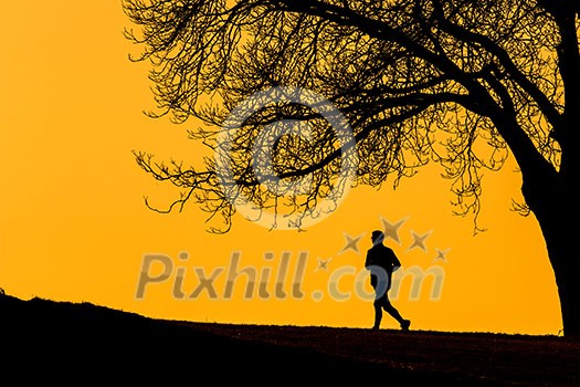 Silhouette of a young man running outdoors on a lovely sunny evening Silhouette of a young man running outdoors on a lovely sunny evening