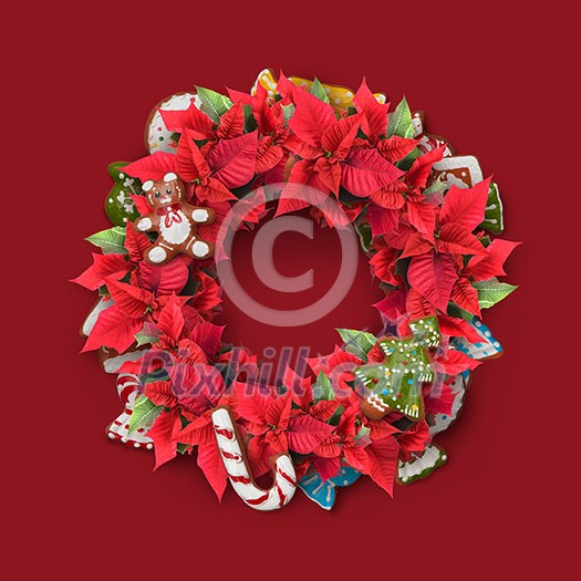 Christmas twig wreath is decorated with candy, red flowers, cookies and green leaves. Christmas twig wreath is decorated with candy, red flowers, cookies and green leaves.