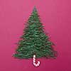 Postcard Happy New Year. Christmas tree pine needles on a red background. Christmas concept.