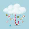 Cloud and rain of candy and gingerbread cookies on a blue background