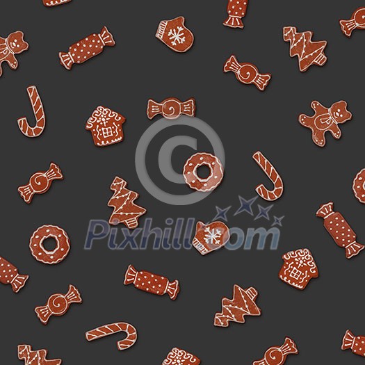 homemade set of various shaped christmas gingerbread cookies on grey background homemade set of various shaped christmas gingerbread cookies on grey background