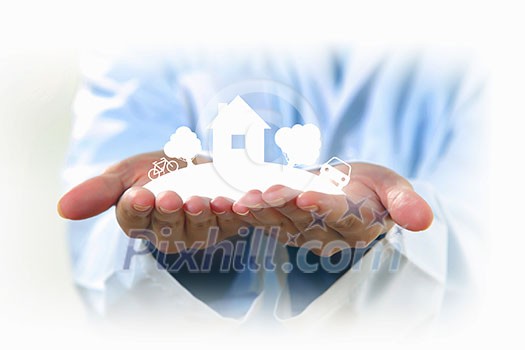 Close up of human hands with figures of lifestyle Close up of human hands with figures of lifestyle