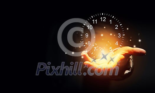 Close up of businessman hand holding clock icon in palm Close up of businessman hand holding clock icon in palm