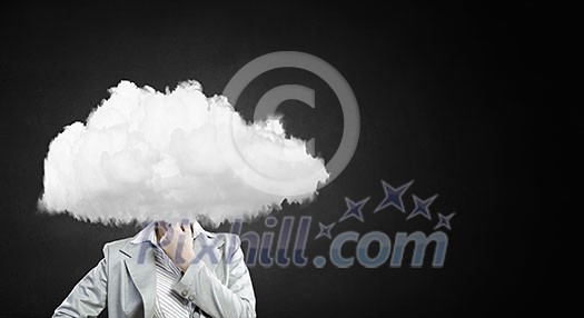 Businesswoman standing with cloud instead of head Businesswoman standing with cloud instead of head