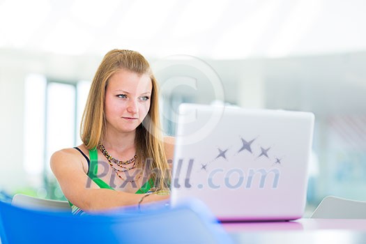 pretty female college student working on her laptop computer on campus, before class (color toned image; shallow DOF) pretty female college student working on her laptop computer on campus, before class (color toned image; shallow DOF)