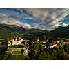 Beautiful view of the medieval town of Gruyeres, home to the world-famous Le Gruyere cheese, canton of Fribourg, Switzerland