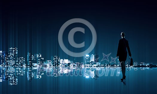 Businesswoman standing with back against night city panoramic view Businesswoman standing with back against night city panoramic view