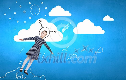 Cute girl astronaut dreaming like she is flying in open space Cute girl astronaut dreaming like she is flying in open space
