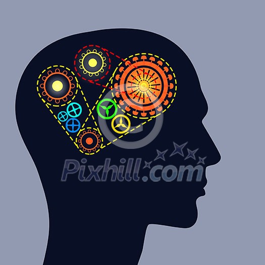Silhouette of male head with gears in brain Silhouette of male head with gears in brain