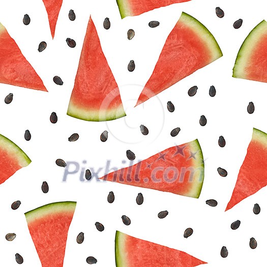 Seamless pattern watermelon pieces and seedson a white background Seamless pattern watermelon pieces and seedson a white background